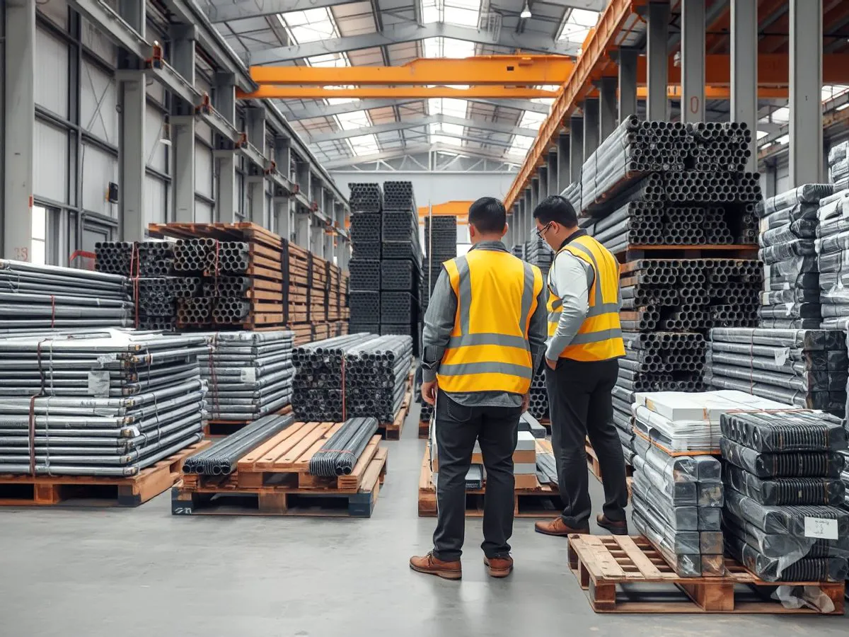 力德鸿远仓库中整齐摆放的钢材和液压件，工人正在检验