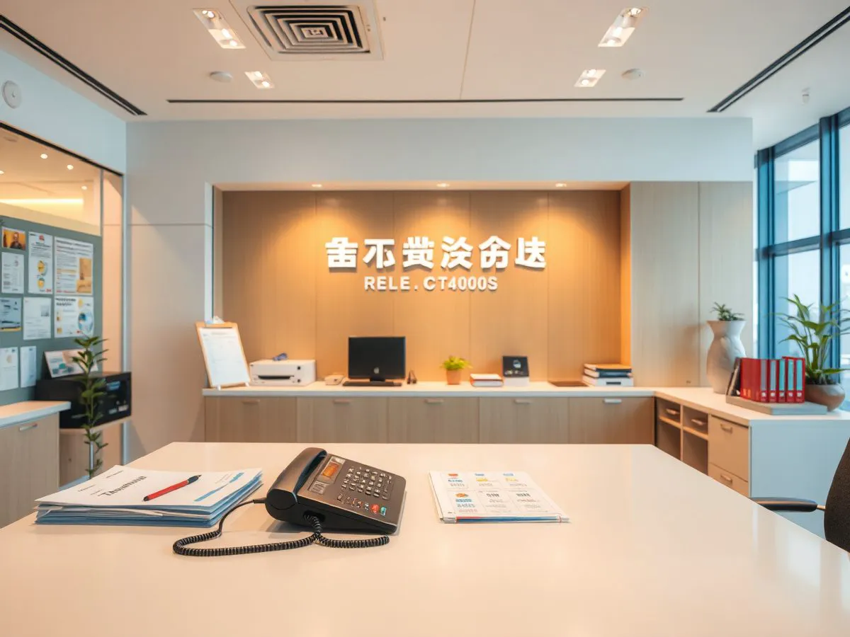 力德鸿远联系接待区，桌面摆放电话和文件，体现专业服务环境
